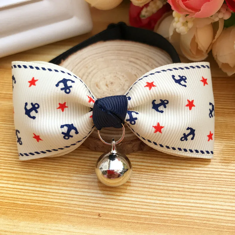 Pet dog cat bow tie collar with bell, polyester, 8.5cm size, blue colour, on small pet