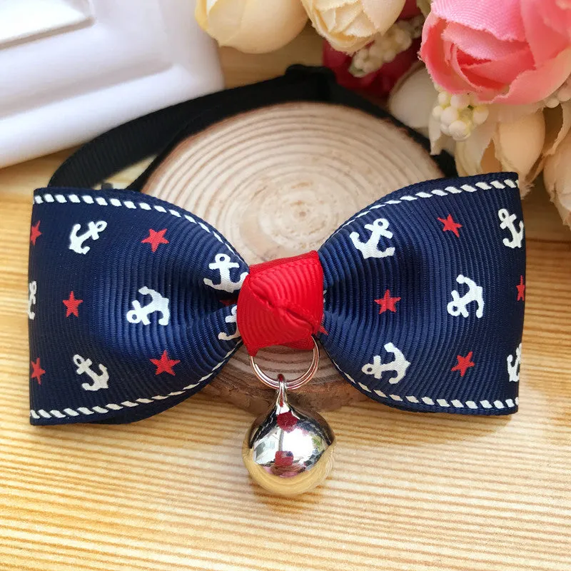 Pet dog cat bow tie collar with bell, polyester, 8.5cm size, blue colour, on small pet
