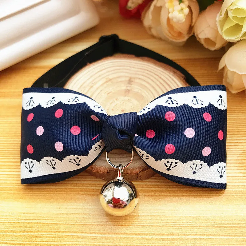 Pet dog cat bow tie collar with bell, polyester, 8.5cm size, blue colour, on small pet
