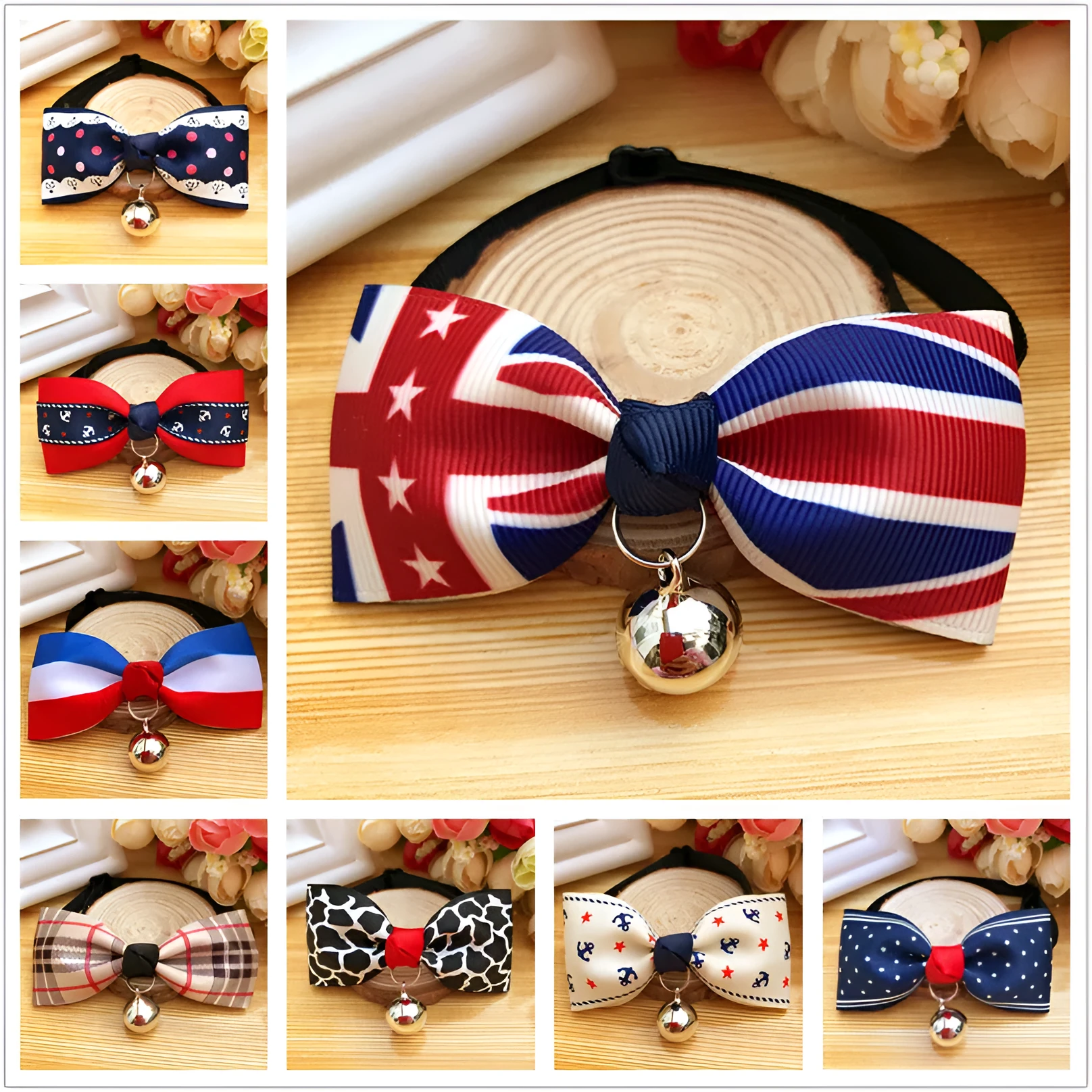 Pet dog cat bow tie collar with bell, polyester, 8.5cm size, blue colour, on small pet