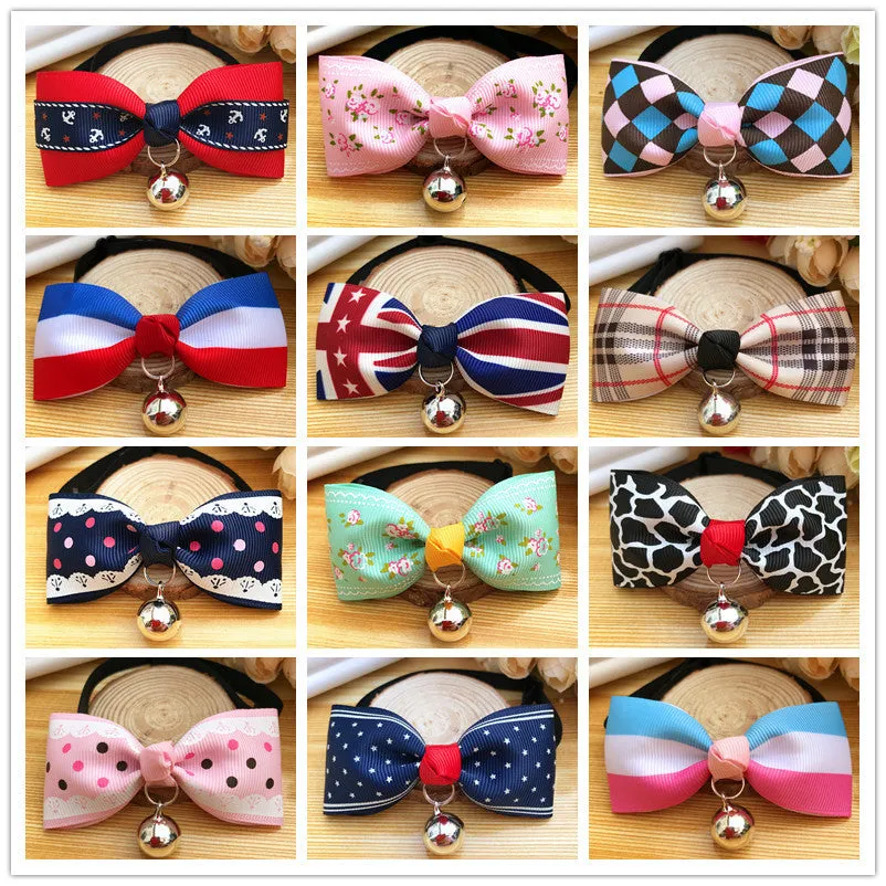 Pet dog cat bow tie collar with bell, polyester, 8.5cm size, blue colour, on small pet