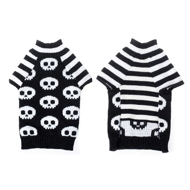 Black skull-pattern acrylic knit dog sweater on a pet, front view, with ribbed neckline and pullover style