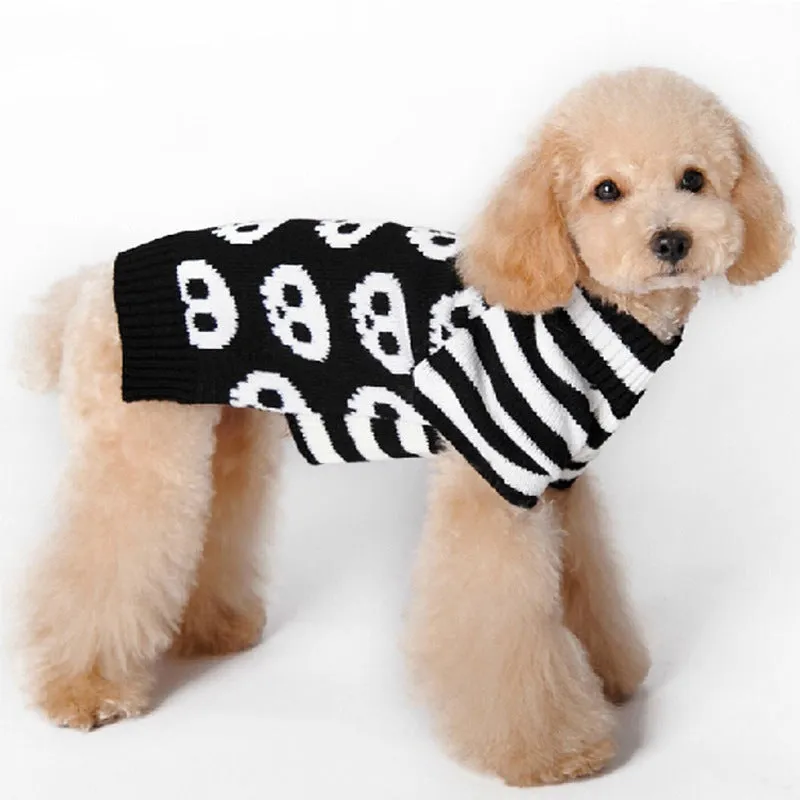 Black skull-pattern acrylic knit dog sweater on a pet, front view, with ribbed neckline and pullover style