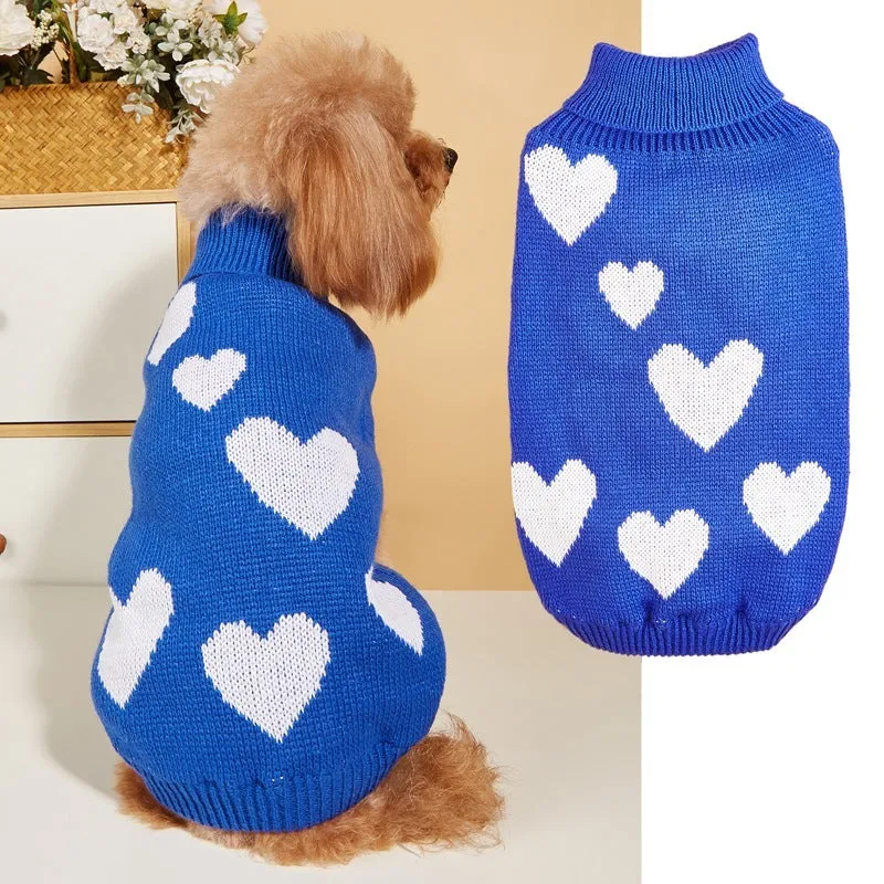 Pink dog knitted acrylic sweater for Valentine's Day on a small dog, front view, size M