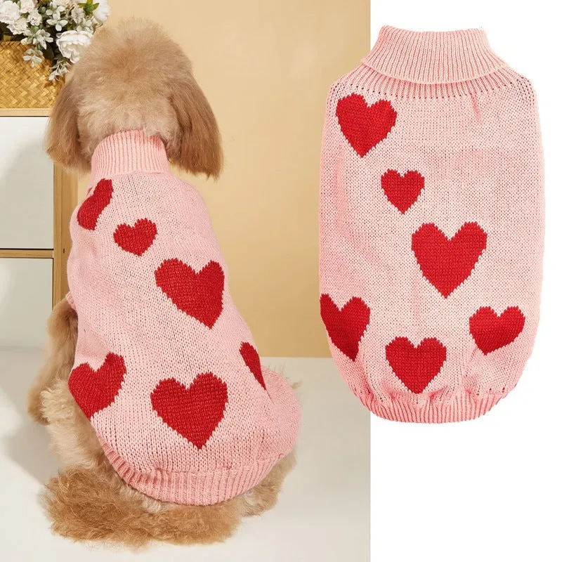 Pink dog knitted acrylic sweater for Valentine's Day on a small dog, front view, size M