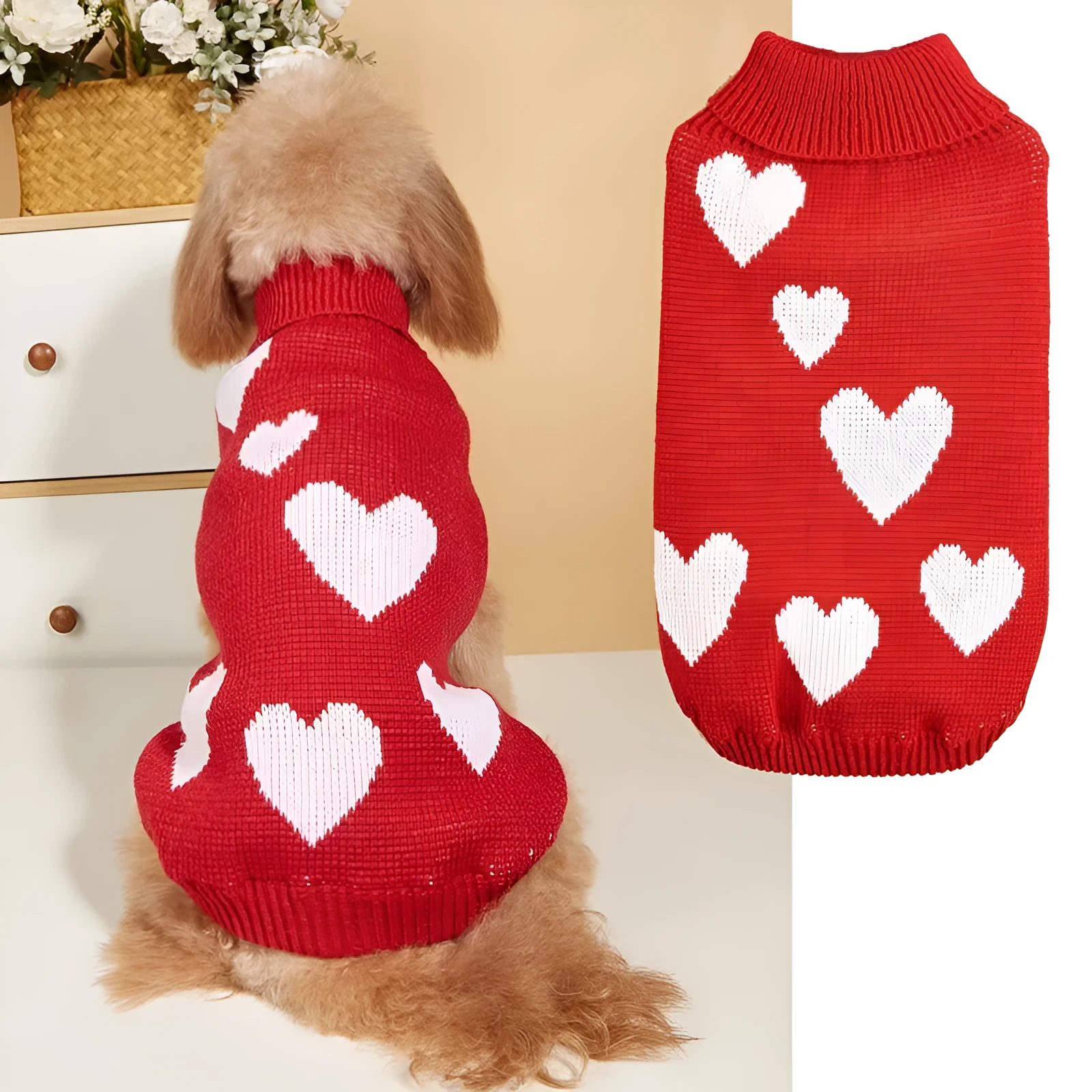 Pink dog knitted acrylic sweater for Valentine's Day on a small dog, front view, size M