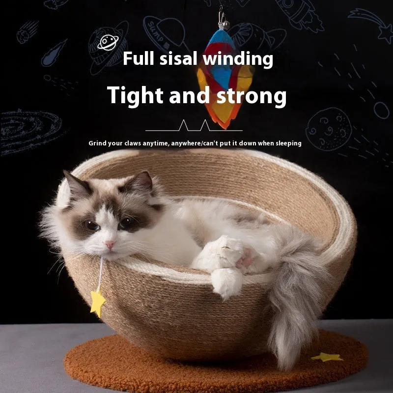 Large integrated cat scratching basin and soft cat nest with sisal scratching surface and flannel lining.