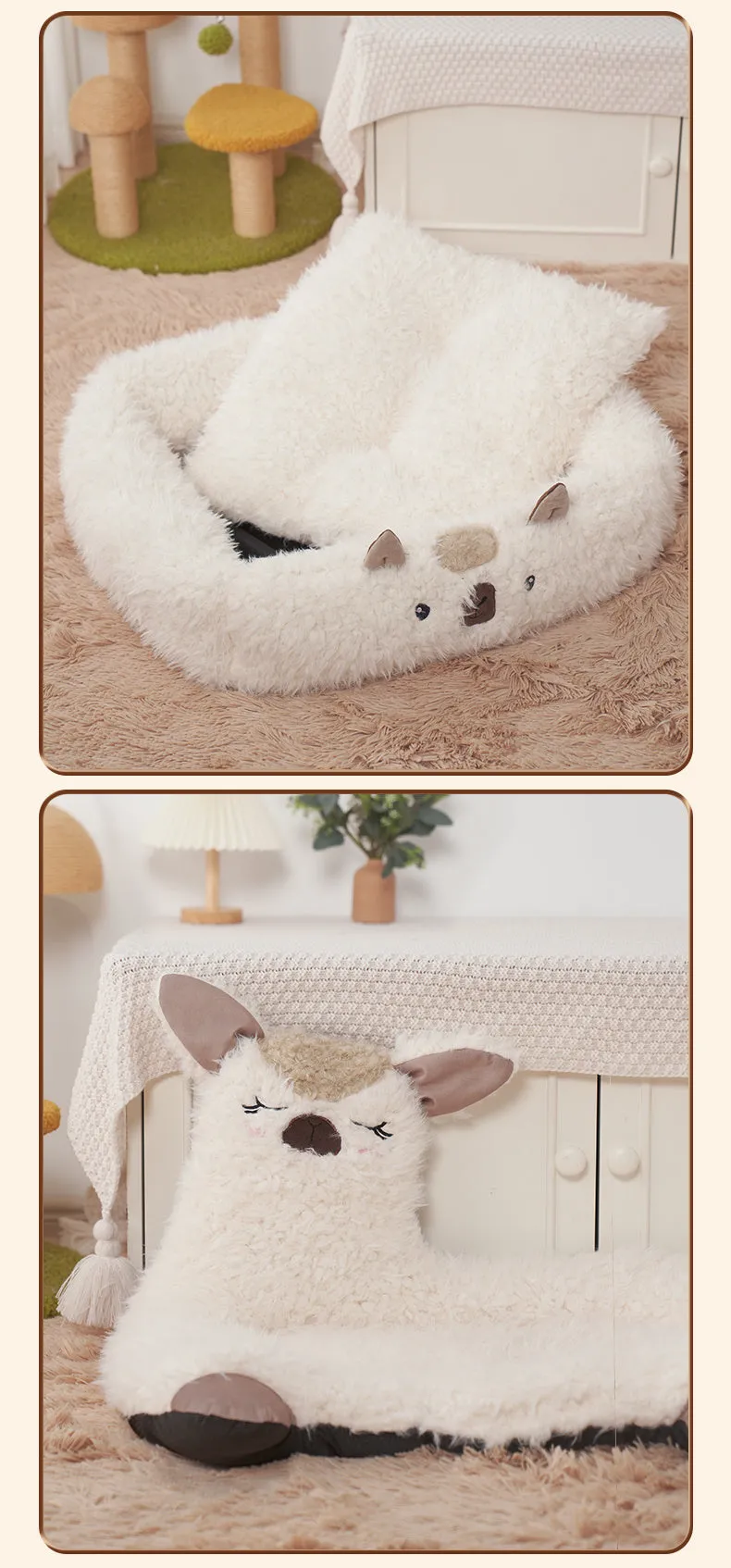White lion velvet yurt-style pet cushion bed for cats and small dogs, winter warm bedding