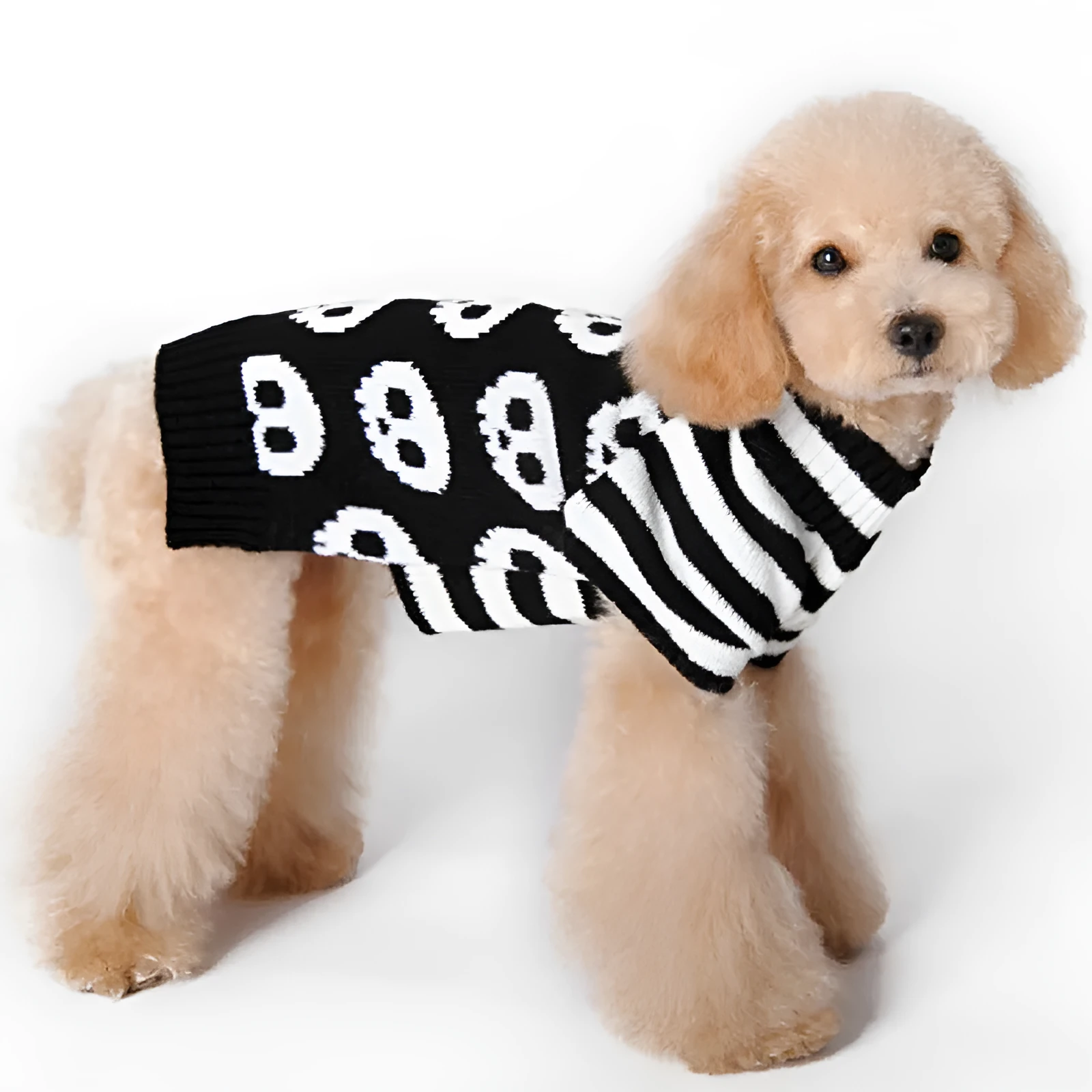 Christmas polyester pet sweater for dogs, six sizes XXS to XL, colour red, with neck and back measurement details