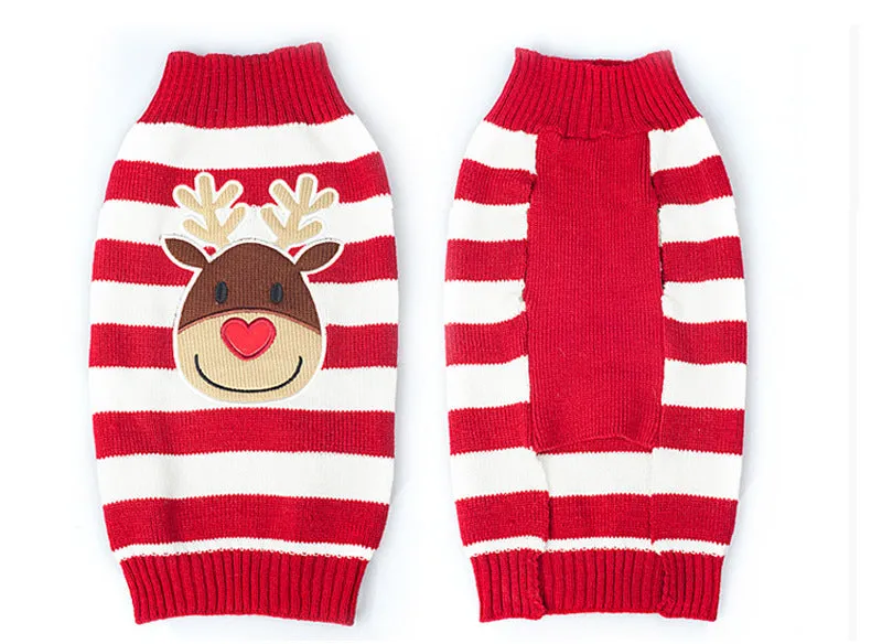 Christmas polyester pet sweater for dogs, six sizes XXS to XL, colour red, with neck and back measurement details