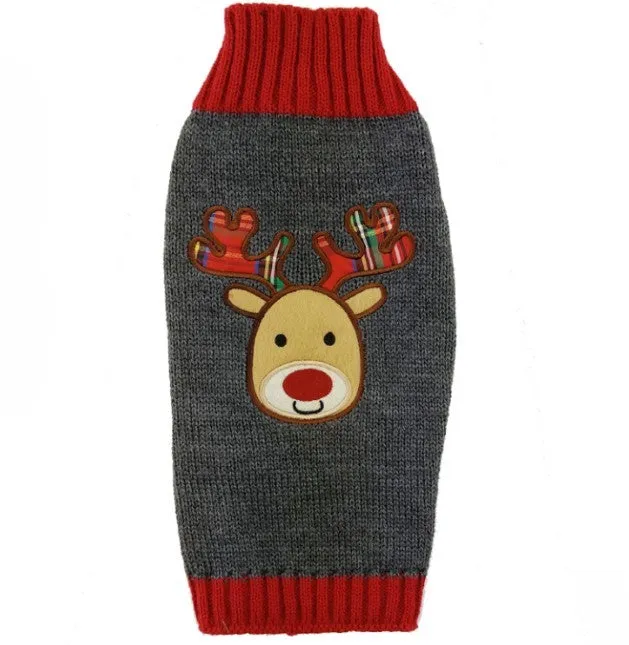 Christmas polyester pet sweater for dogs, six sizes XXS to XL, colour red, with neck and back measurement details