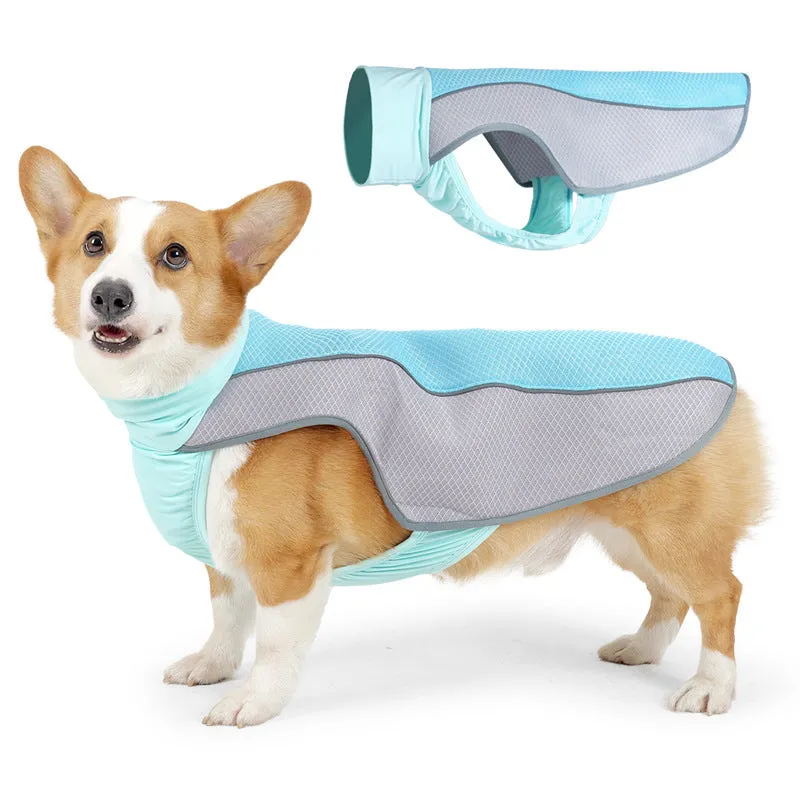 Dog wearing grey cooling vest with breathable Polyester fabric for heatstroke prevention
