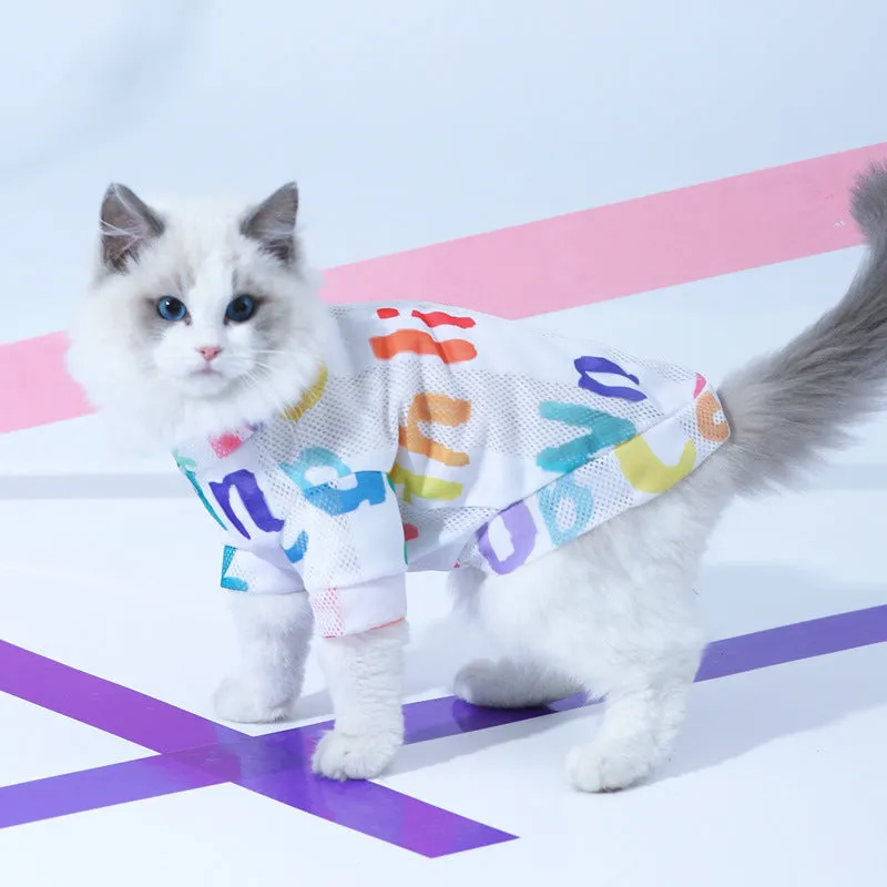 Colourful anti hair loss breathable mesh cat vest made from polyester on a cat
