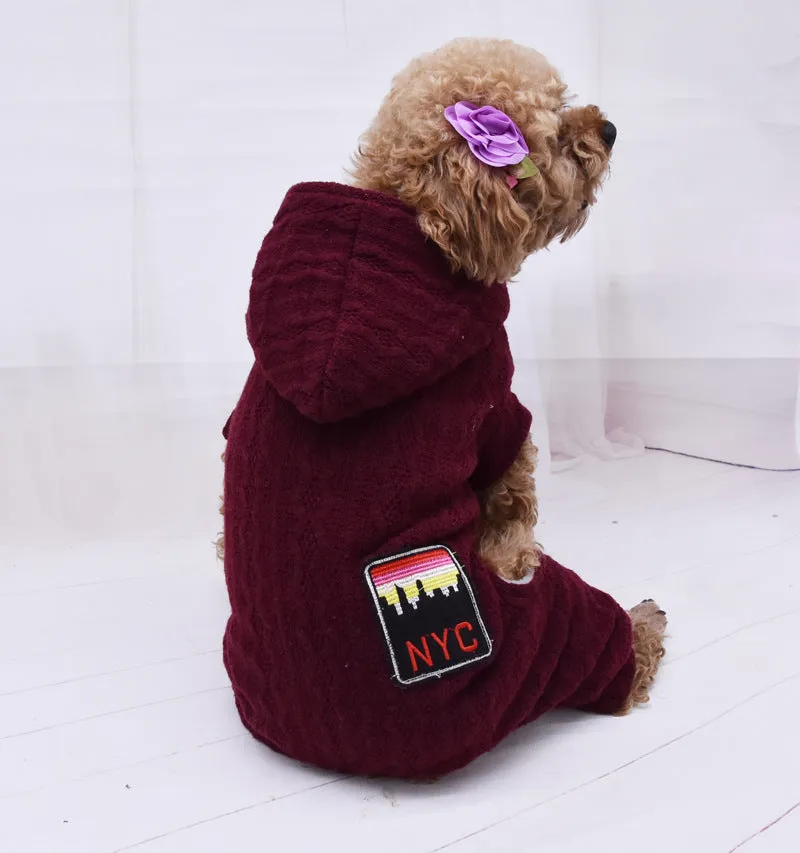 Four-legged thick pet clothes in green with sweater and velvet lining for dogs casual fit