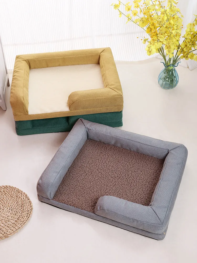 Washable pet sofa bed with lamb wool cover, high rebound PP cotton filler, available in 3 sizes and colours