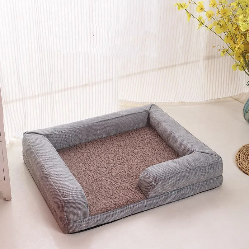 Washable pet sofa bed with lamb wool cover, high rebound PP cotton filler, available in 3 sizes and colours