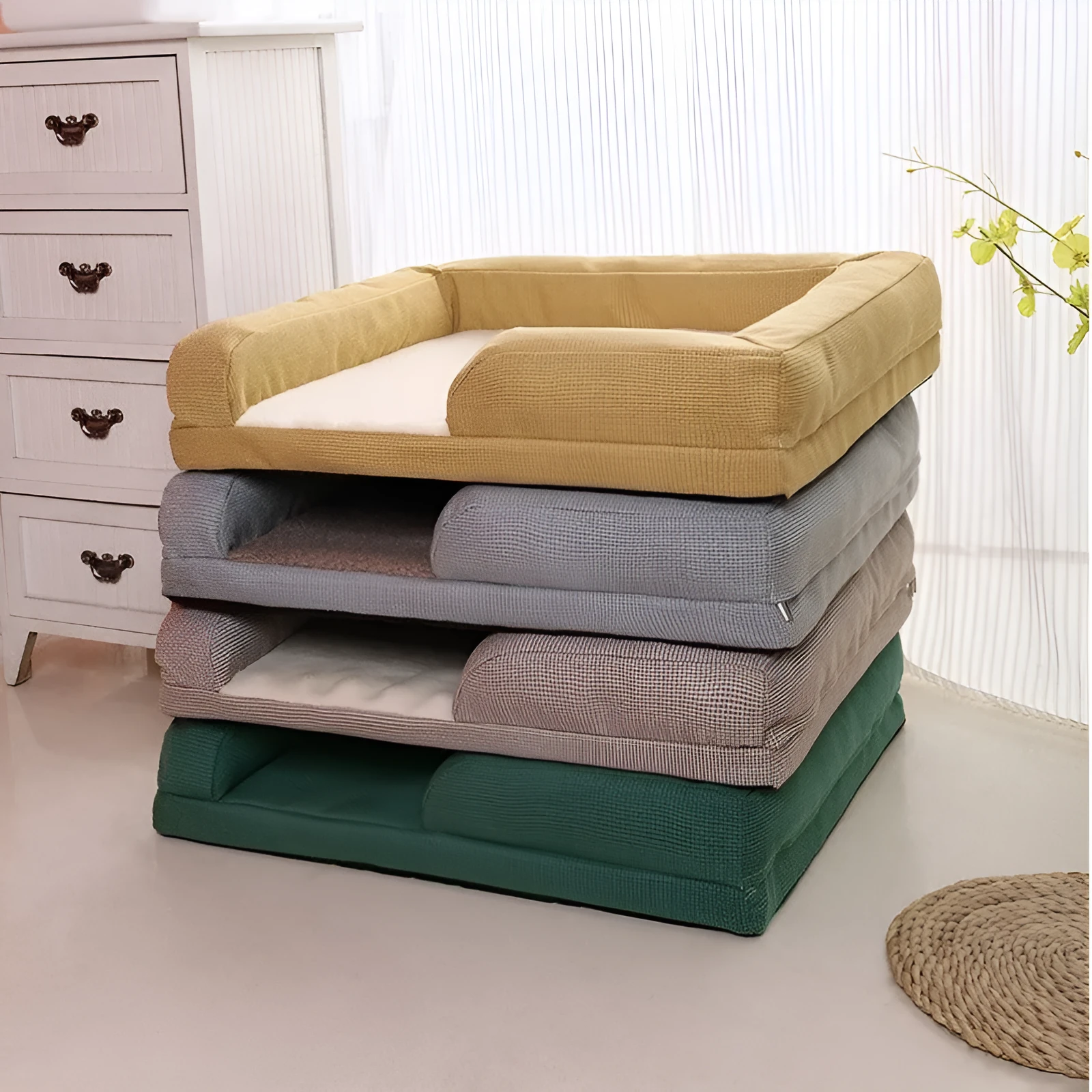 Washable pet sofa bed with lamb wool cover, high rebound PP cotton filler, available in 3 sizes and colours
