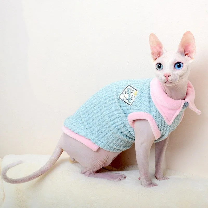 Blue wool two-legged cat clothing for hairless cats with pink edging