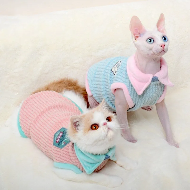 Blue wool two-legged cat clothing for hairless cats with pink edging