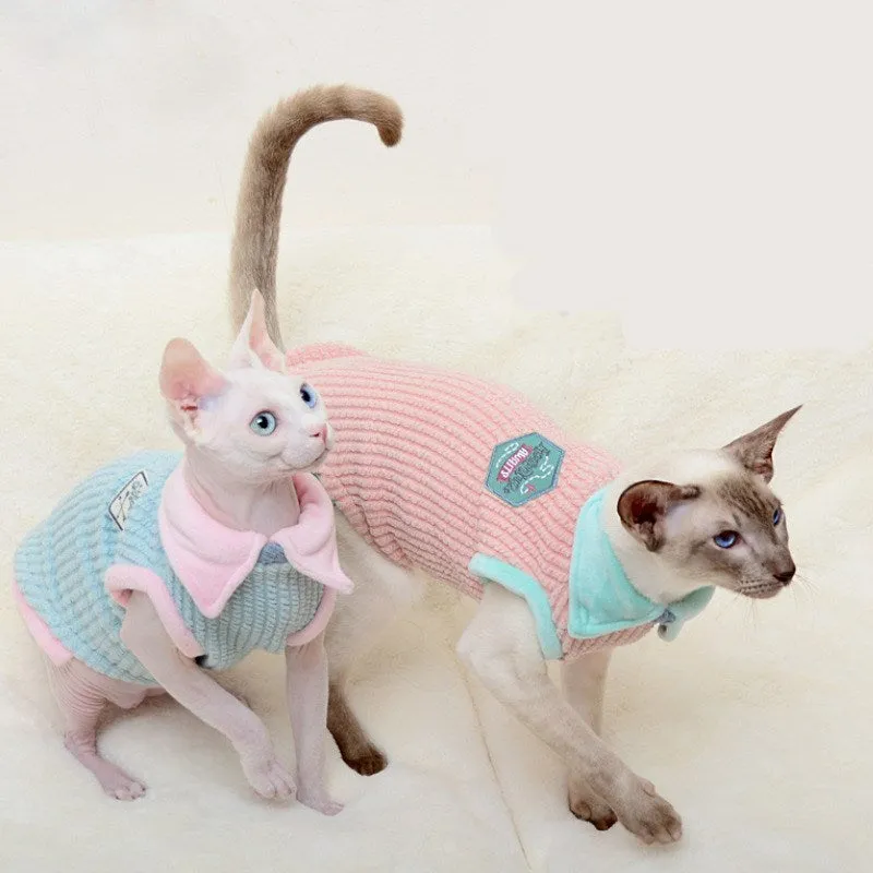 Blue wool two-legged cat clothing for hairless cats with pink edging