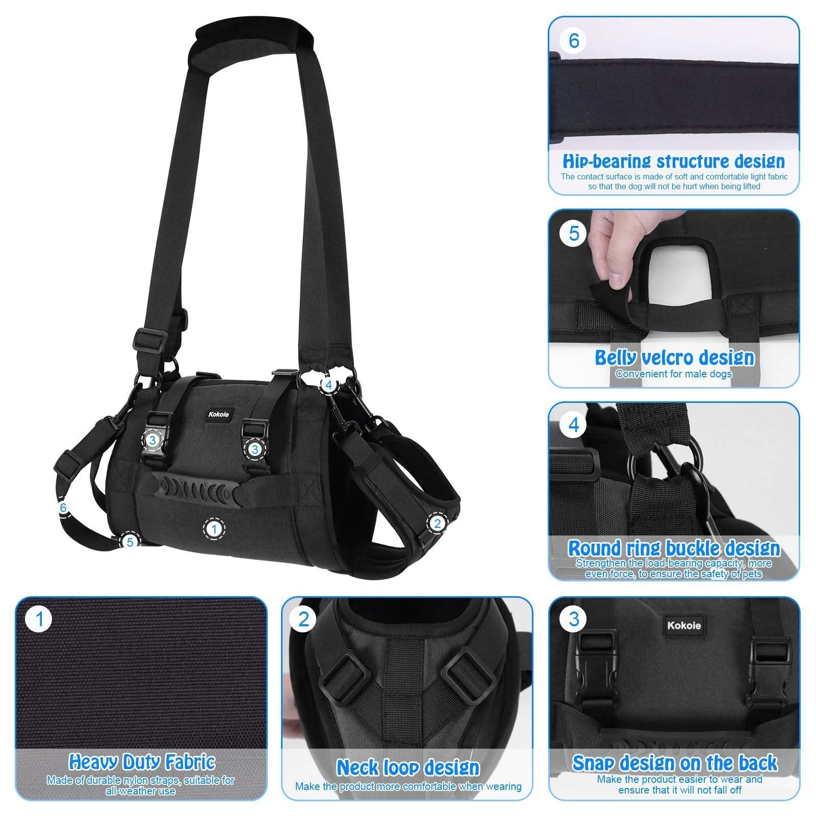 Black Oxford cloth dog harness with leg support design for rehabilitation and outdoor control