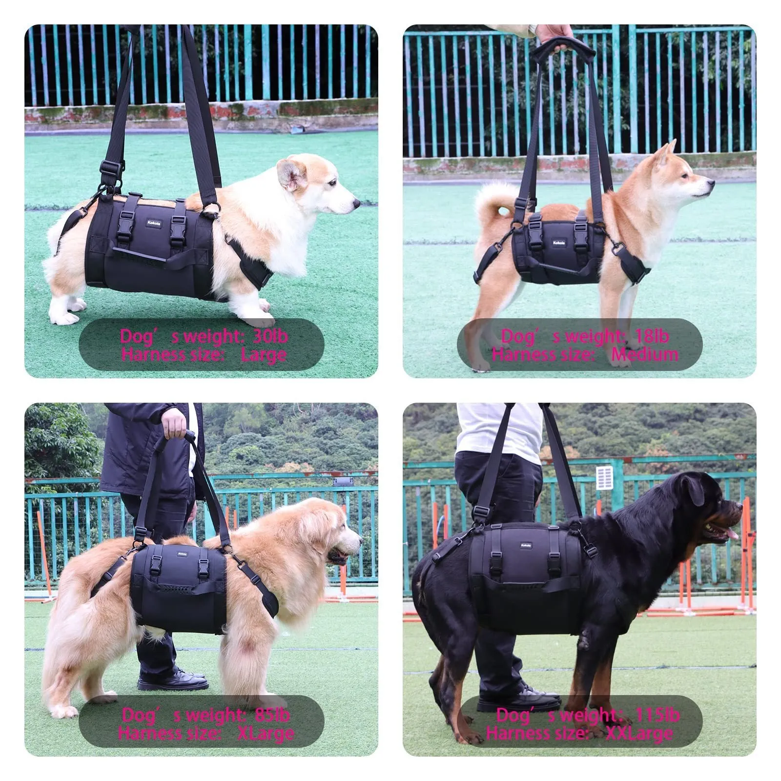 Black Oxford cloth dog harness with leg support design for rehabilitation and outdoor control
