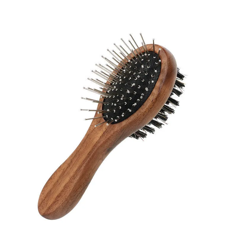 Wooden pet grooming set with comb, rake comb, and nail clippers in storage bucket