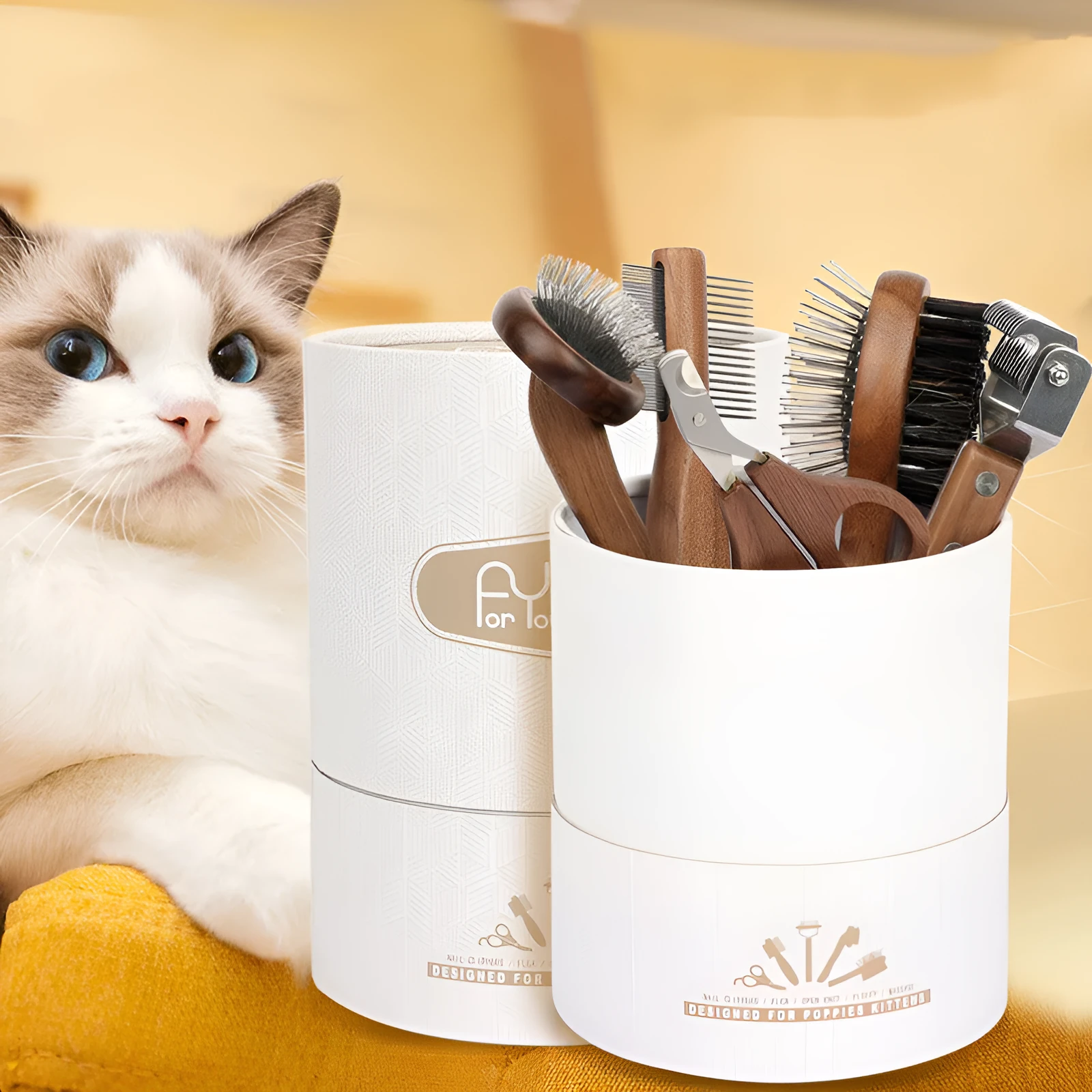 Wooden pet grooming set with comb, rake comb, and nail clippers in storage bucket