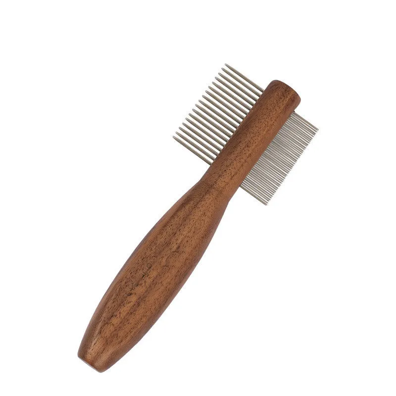 Wooden pet grooming set with comb, rake comb, and nail clippers in storage bucket