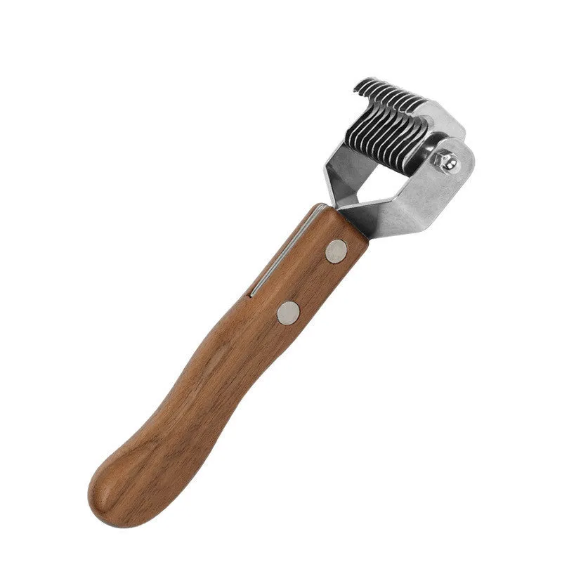 Wooden pet grooming set with comb, rake comb, and nail clippers in storage bucket