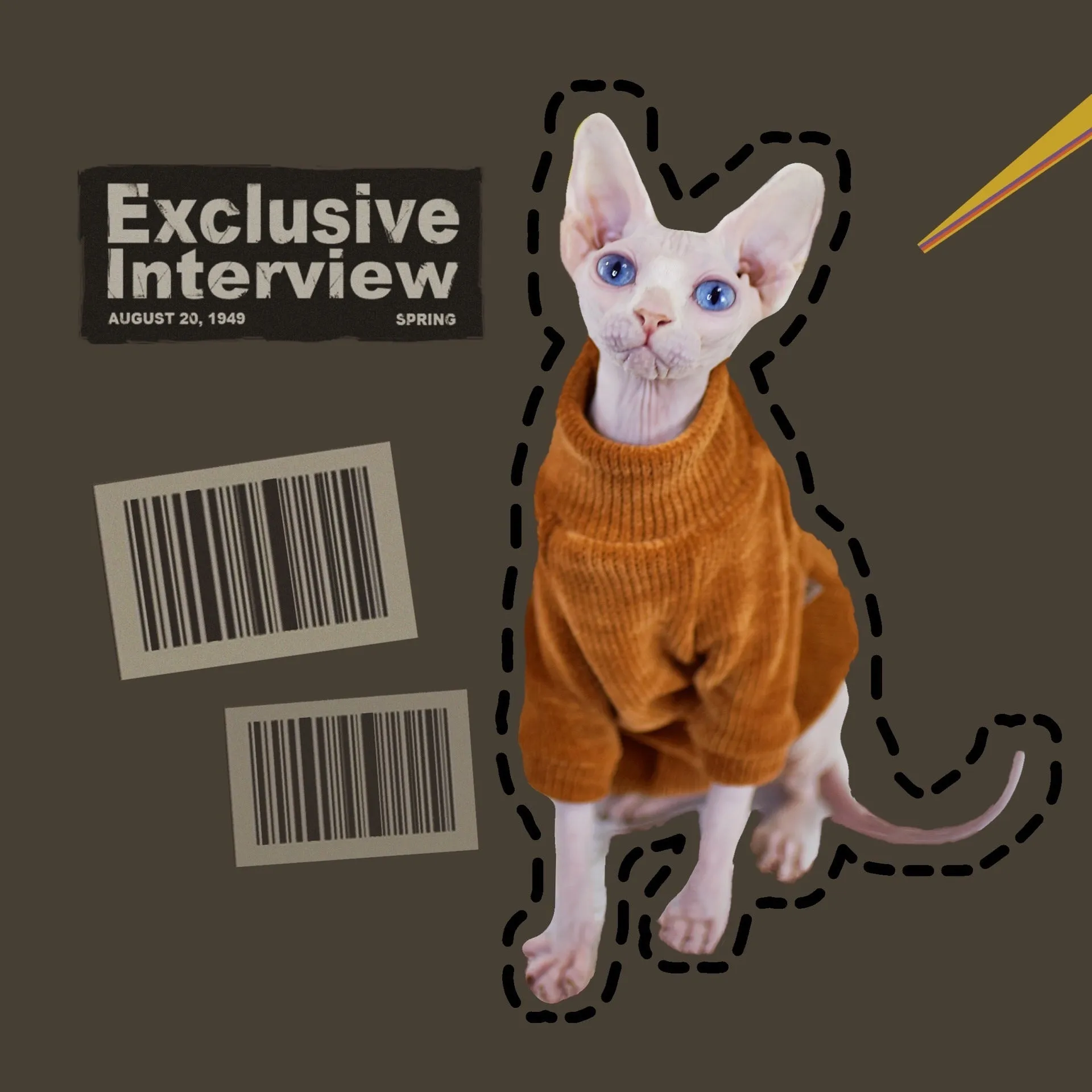 Caramel brown thickened chenille cat coat for hairless cats with fleece lining on white background