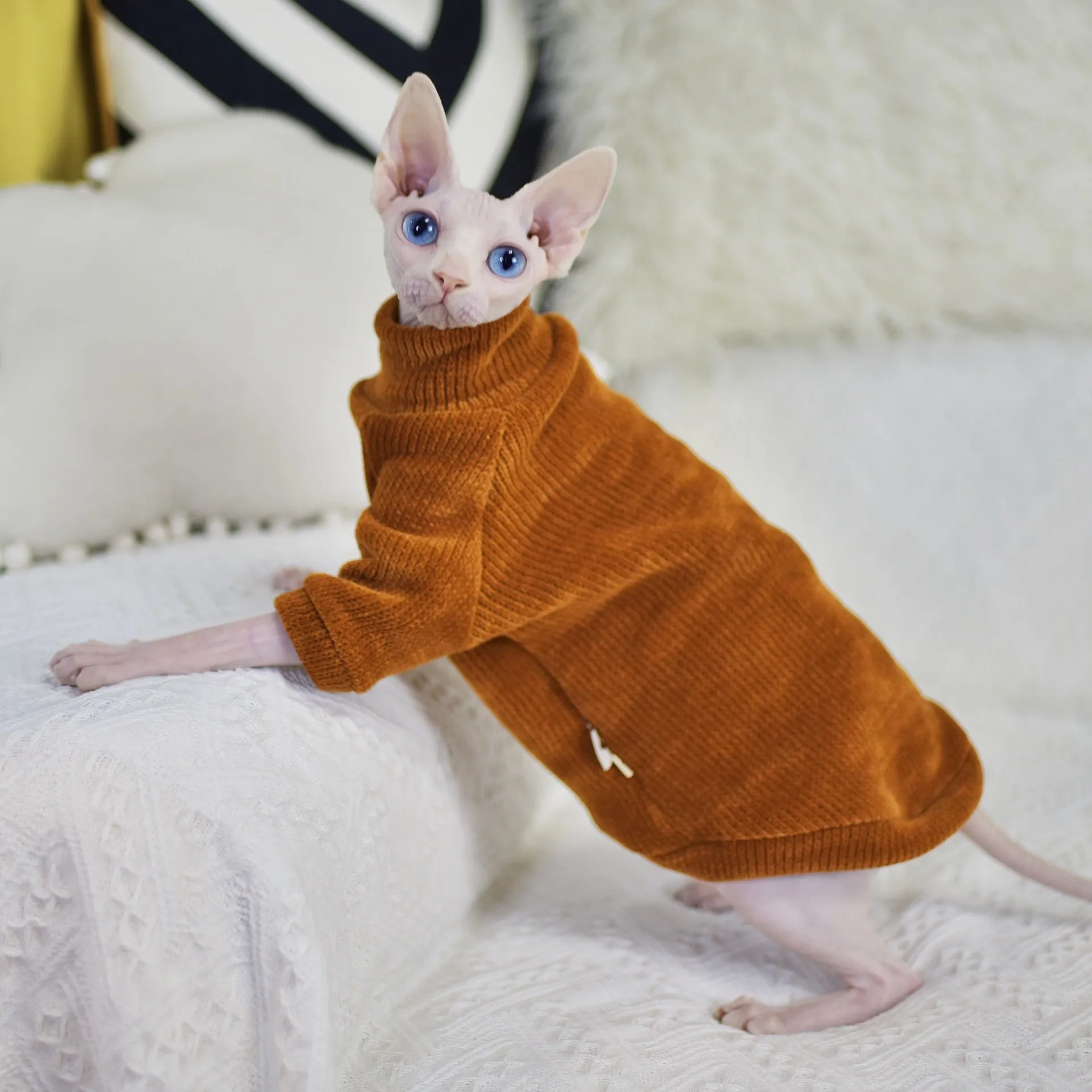 Caramel brown thickened chenille cat coat for hairless cats with fleece lining on white background