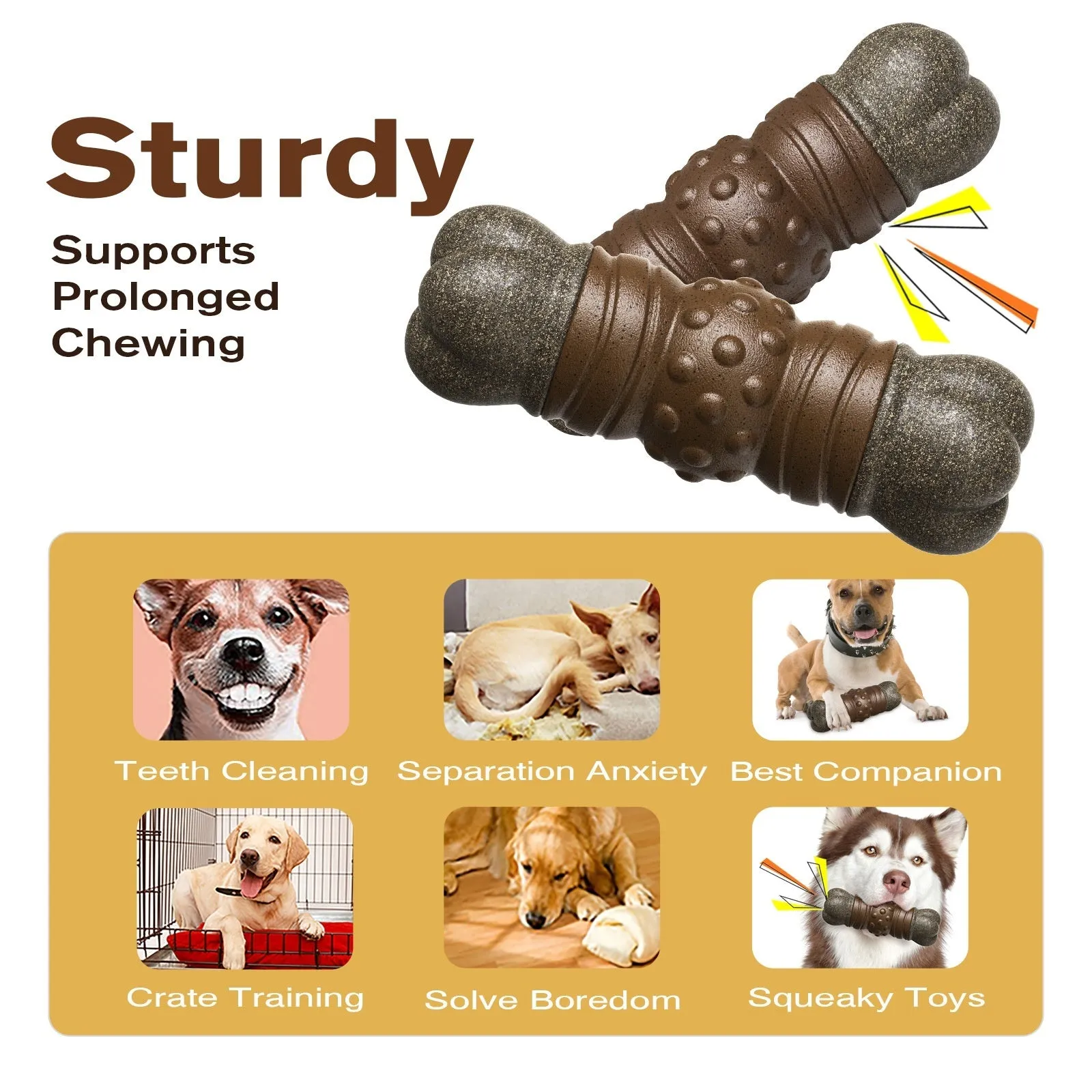 Wood coloured plastic sounding bone dog toothbrush toy with molar rod design.