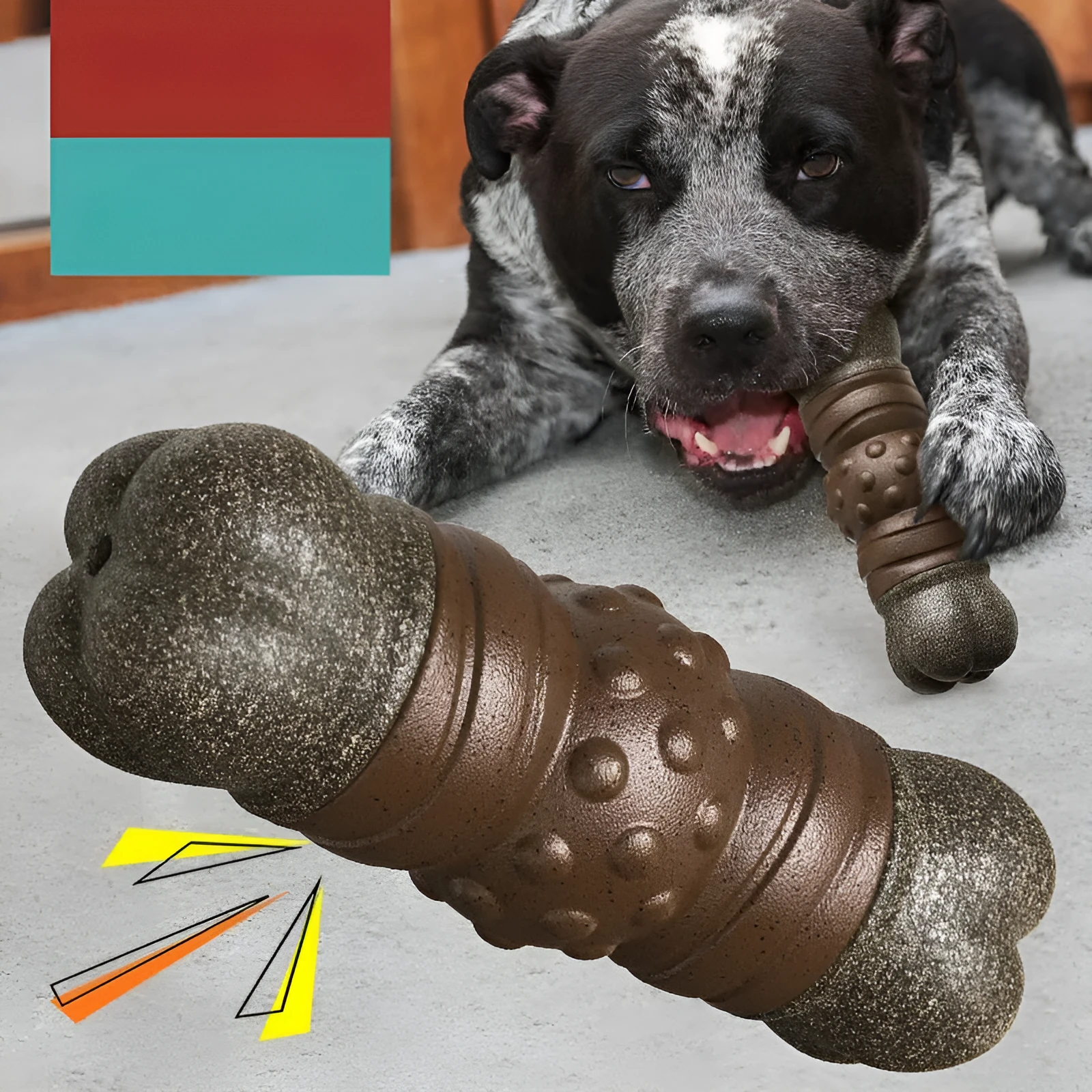 Wood coloured plastic sounding bone dog toothbrush toy with molar rod design.