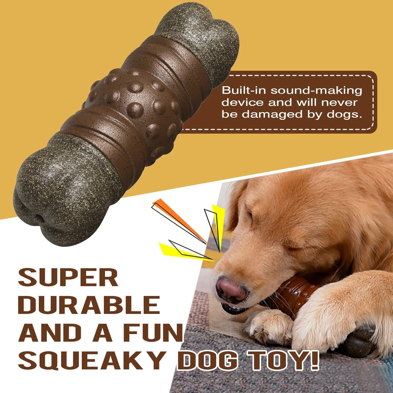 Wood coloured plastic sounding bone dog toothbrush toy with molar rod design.