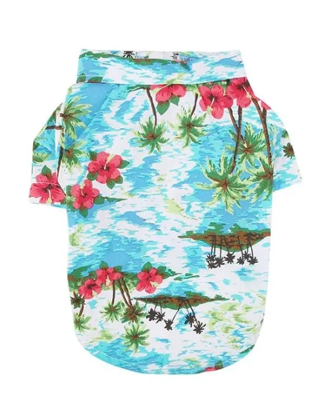 Hawaiian dog style shirt in cotton with multicolor print on a white background, sizes XS to XXL
