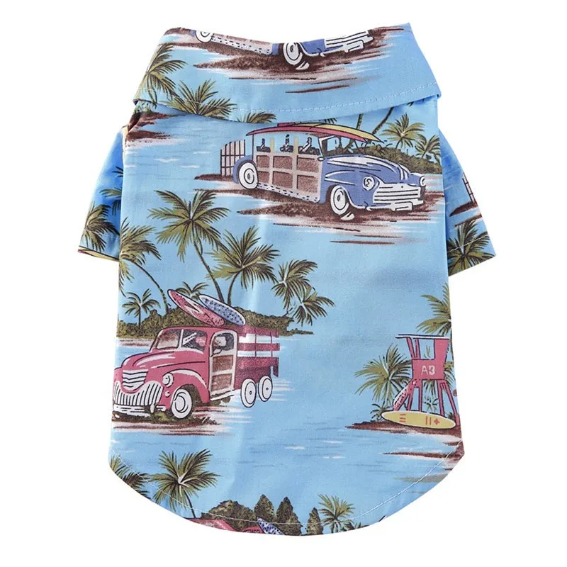 Hawaiian dog style shirt in cotton with multicolor print on a white background, sizes XS to XXL