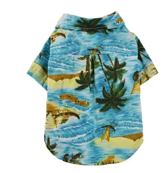 Hawaiian dog style shirt in cotton with multicolor print on a white background, sizes XS to XXL