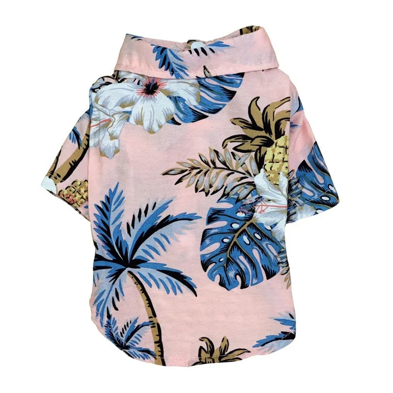 Hawaiian dog style shirt in cotton with multicolor print on a white background, sizes XS to XXL