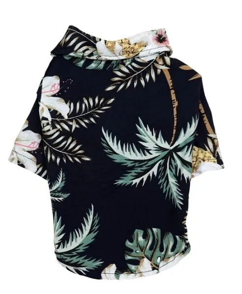 Hawaiian dog style shirt in cotton with multicolor print on a white background, sizes XS to XXL
