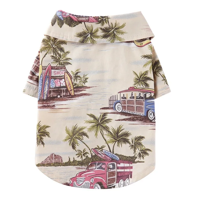 Hawaiian dog style shirt in cotton with multicolor print on a white background, sizes XS to XXL