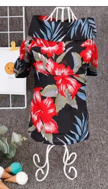 Hawaiian dog style shirt in cotton with multicolor print on a white background, sizes XS to XXL