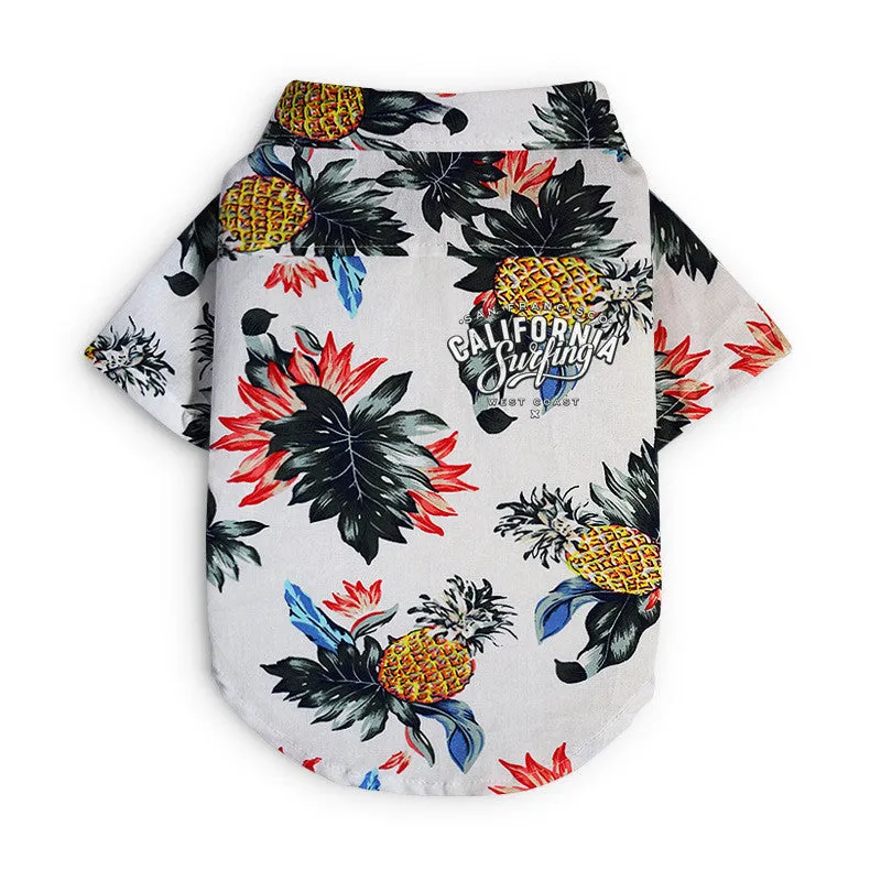 Hawaiian dog style shirt in cotton with multicolor print on a white background, sizes XS to XXL