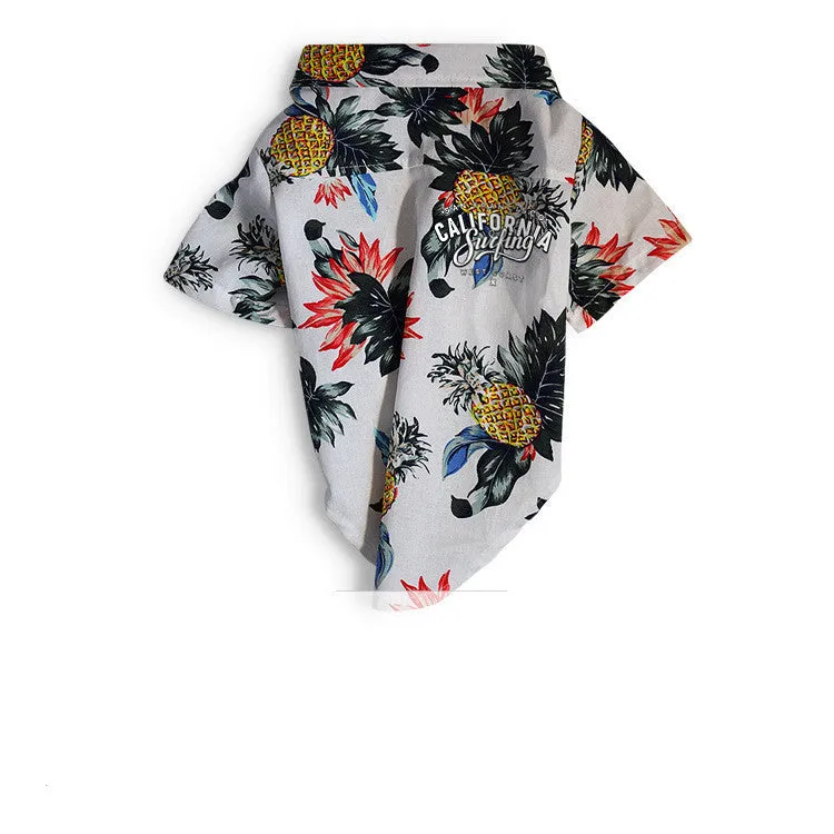 Hawaiian dog style shirt in cotton with multicolor print on a white background, sizes XS to XXL