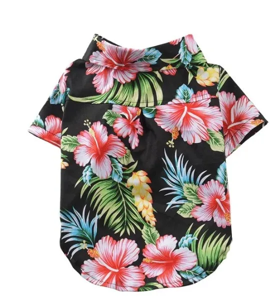 Hawaiian dog style shirt in cotton with multicolor print on a white background, sizes XS to XXL