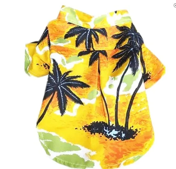 Hawaiian dog style shirt in cotton with multicolor print on a white background, sizes XS to XXL