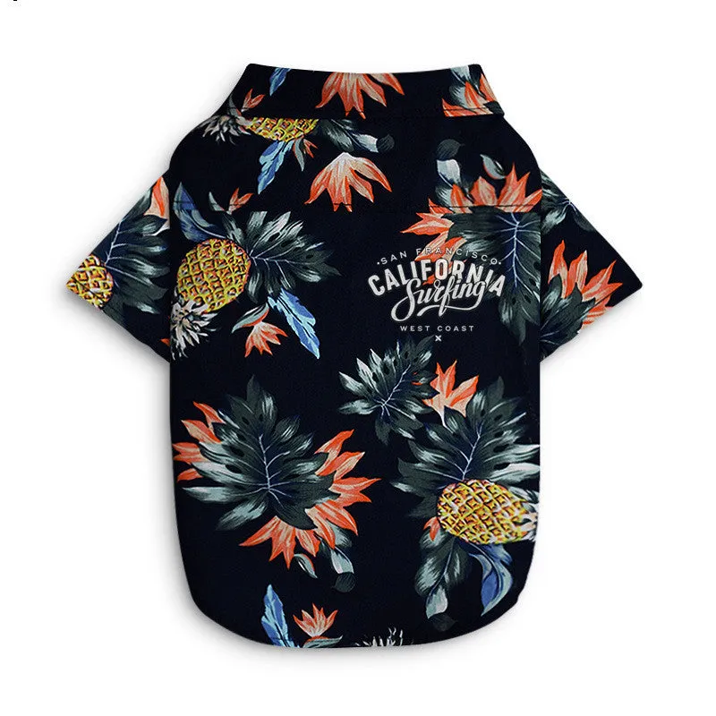 Hawaiian dog style shirt in cotton with multicolor print on a white background, sizes XS to XXL