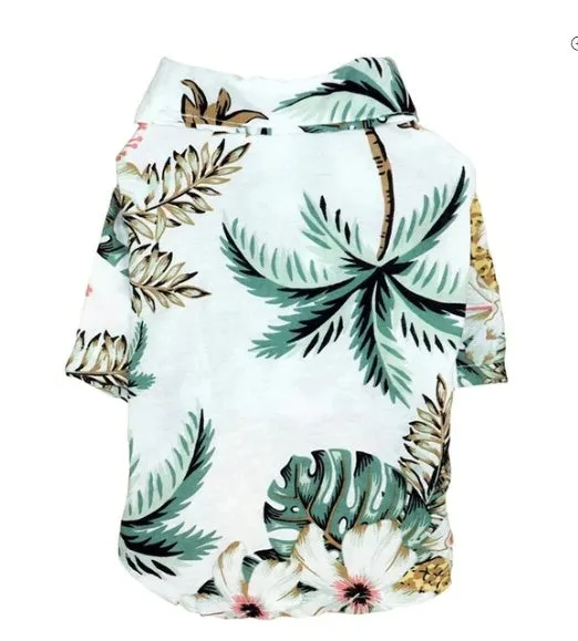 Hawaiian dog style shirt in cotton with multicolor print on a white background, sizes XS to XXL