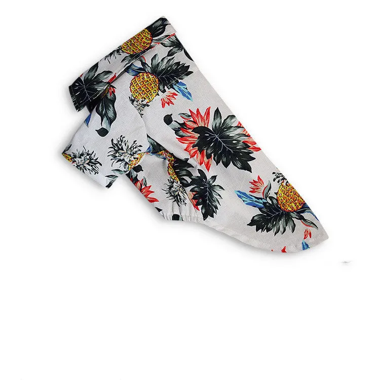 Hawaiian dog style shirt in cotton with multicolor print on a white background, sizes XS to XXL