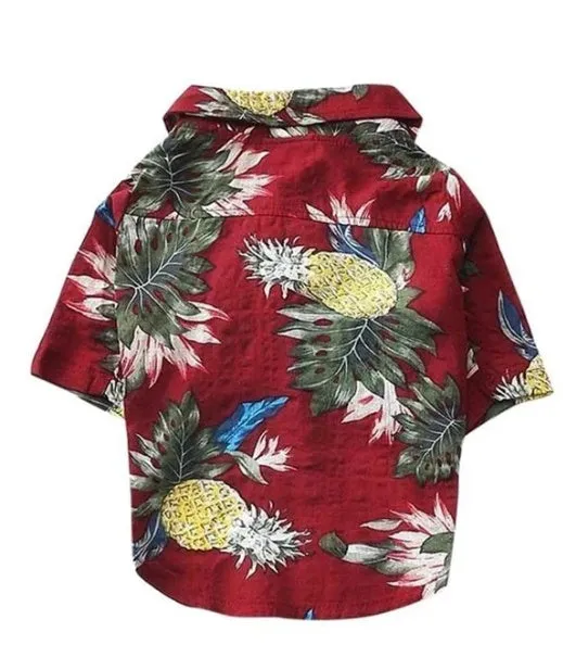 Hawaiian dog style shirt in cotton with multicolor print on a white background, sizes XS to XXL